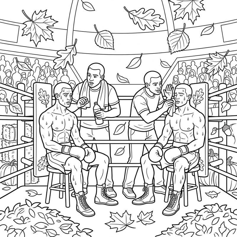 Capture the intensity of a boxing match infused with the cozy spirit of autumn with this unique coloring page. Watch as two boxers take a break in their fall-themed ring, surrounded by cheering fans and falling leaves.