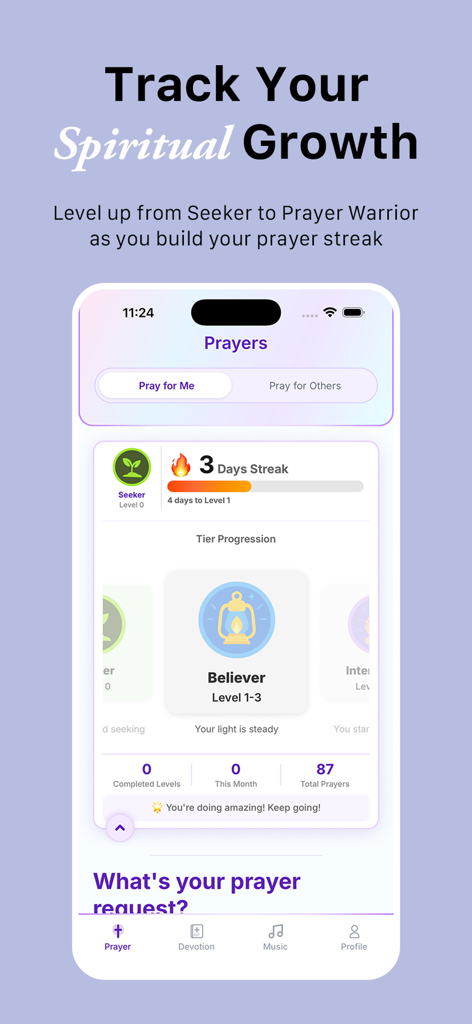 Altar: Prayer & Devotional - Altar app screen showing prayer streaks and spiritual growth levels