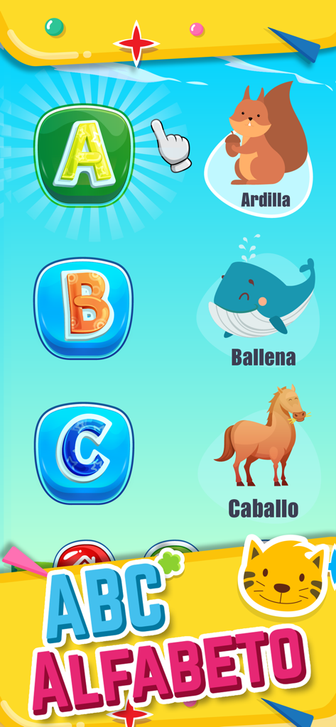 Spanish alphabet learning screen with letters A B C and matching animal illustrations