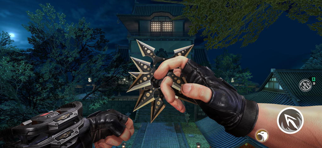 First-person view of a ninja holding a black and gold shuriken in front of a traditional Japanese building at night