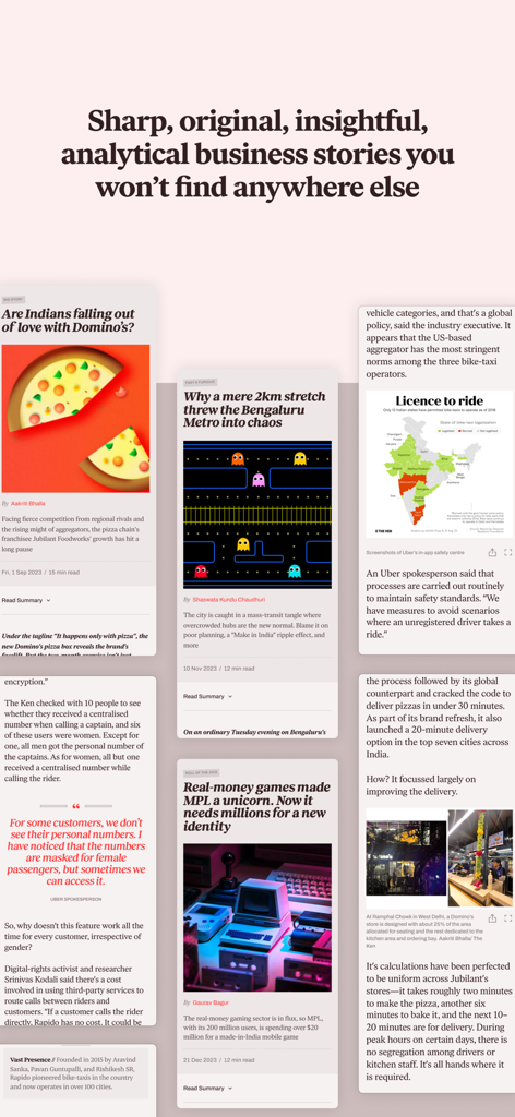 The Ken - Screenshot of The Ken app displaying analytical business stories with engaging headlines and infographics