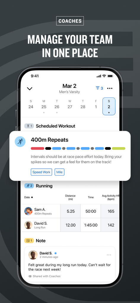Interface do aplicativo Garmin Clipboard para treinadores mostrando treinos agendados e métricas de desempenho do atleta.
