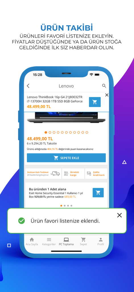 Mobile screen of incehesap app showing a laptop product page with a confirmation that the item was added to favorites for price and stock tracking