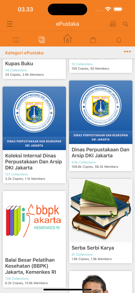 Ein Screenshot der iJakarta-App, der den Bereich ePustaka mit verschiedenen digitalen Bibliotheksbeständen von Regierungsbehörden in Jakarta zeigt.
