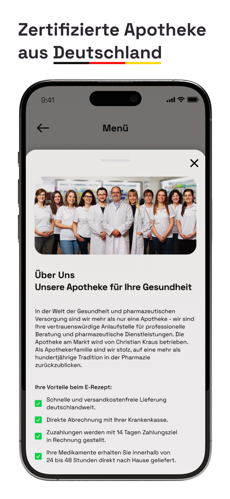 E-Rezept APP - About Us screen of the E-Rezept app showing the German pharmacy team and service benefits