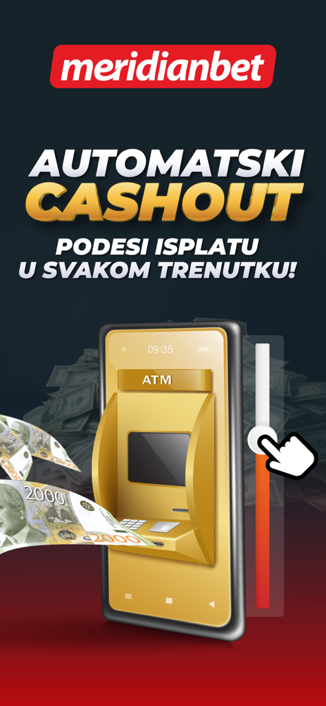 Meridianbet.RS - Meridianbet RS app automatic cashout feature illustration with gold ATM and banknotes