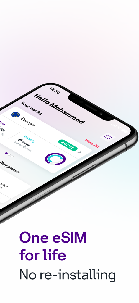 rova from stc - Die rova App-Oberfläche auf einem iPhone, die ein aktives Reisendateneinkauf für Europa anzeigt