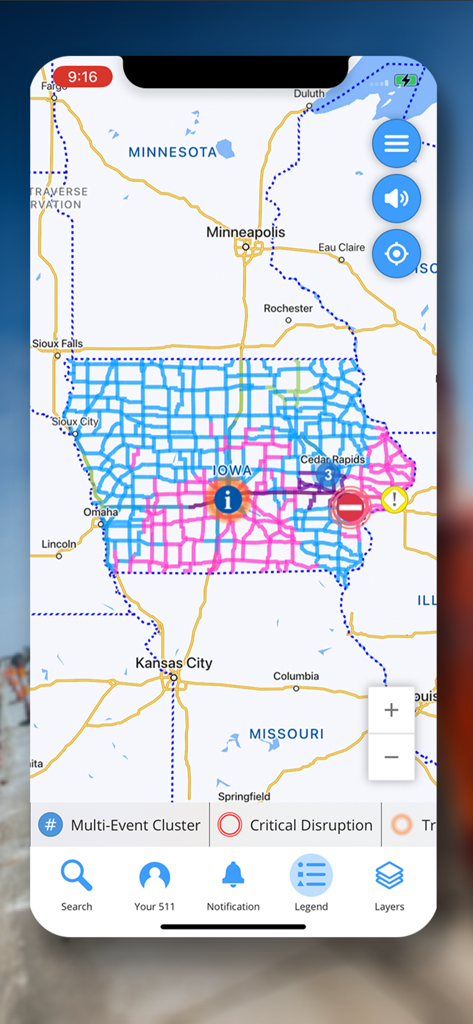 Iowa 511 - The Iowa 511 app interface displaying a map of Iowa with traffic alerts and road condition icons.