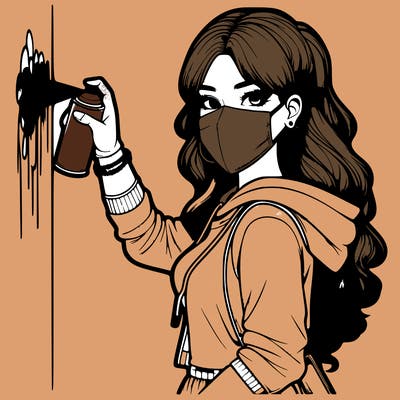 realistic girl with mask spray painting a wall