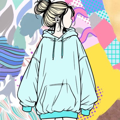 realistic girl with a oversized sweatshirt on and a bun