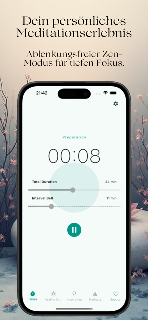 Meditation Gong - Interfaz de temporizador minimalista de la aplicación de meditación en un iPhone mostrando la duración total y la configuración de las campanas de intervalo.
