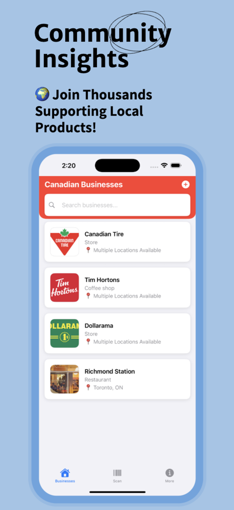 Canada Made - Smartphone screen of Canada Made app showing a directory of Canadian businesses like Canadian Tire and Tim Hortons