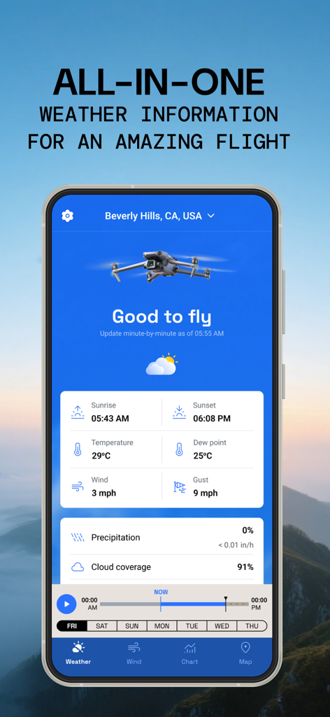 Drone UAV Fly Forecast: AirMap - A mobile screen showing drone flight weather conditions like wind speed and temperature with a good to fly status.