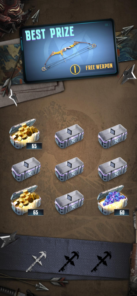 Ninja Hunt: Stealth Assassin - Pantalla de recompensa de cofre del tesoro en Ninja Hunt Stealth Assassin mostrando monedas de oro y gemas moradas