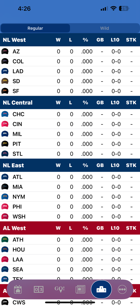 MLB standings screen showing team win loss records by division in the Go Yard app
