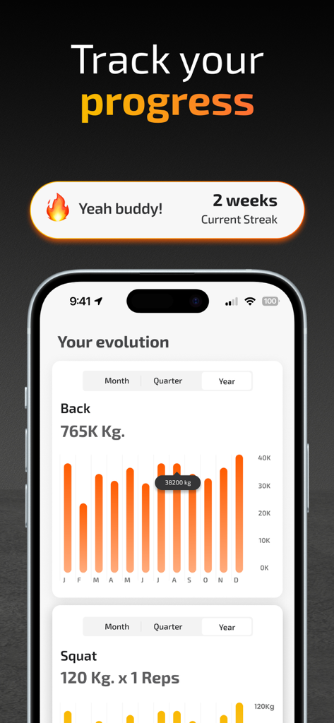 Smartphone screen displaying FitKeeper workout evolution charts for muscle gain and a 2 week training streak badge