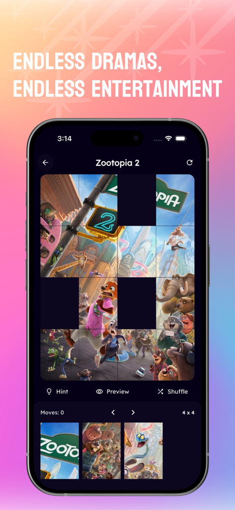 HotMiniDrama - Movies & TV - Uma tela de celular mostrando um jogo de quebra-cabeça deslizante baseado em um pôster de filme dentro do aplicativo HotMiniDrama