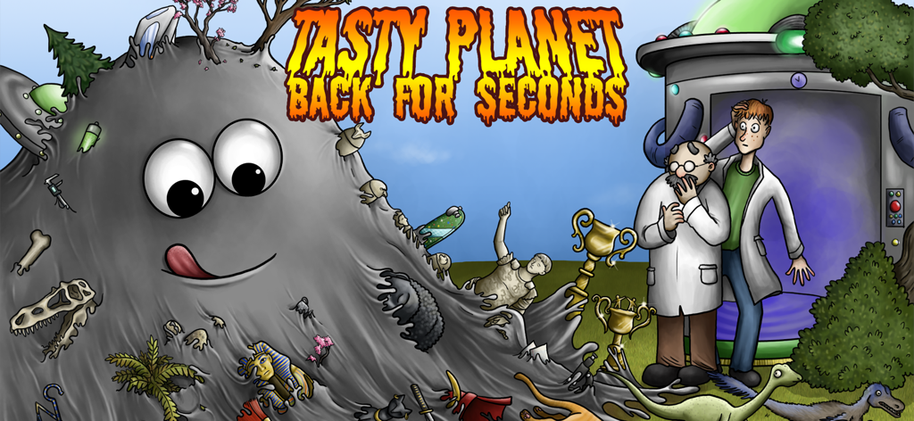 Tasty Planet: Back for Seconds - The title screen artwork for Tasty Planet Back for Seconds featuring a giant grey goo eating historical objects next to a time machine and two scientists