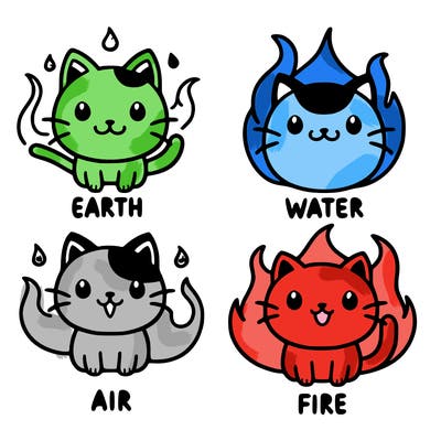 4 cats that are the 4 elements, earth, water, air, fire