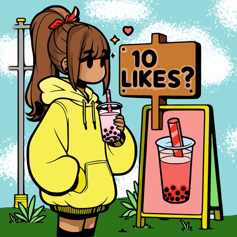 girl with oversized hoodie drinking boba and she has a high ponytail with a sign that says 10likes?
