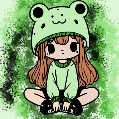 a girl wearing a frog hat and some frog socks