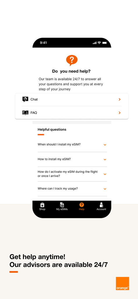 Orange Travel: Prepaid eSIM - Orange Travel app help screen with 24/7 customer support chat and FAQ options