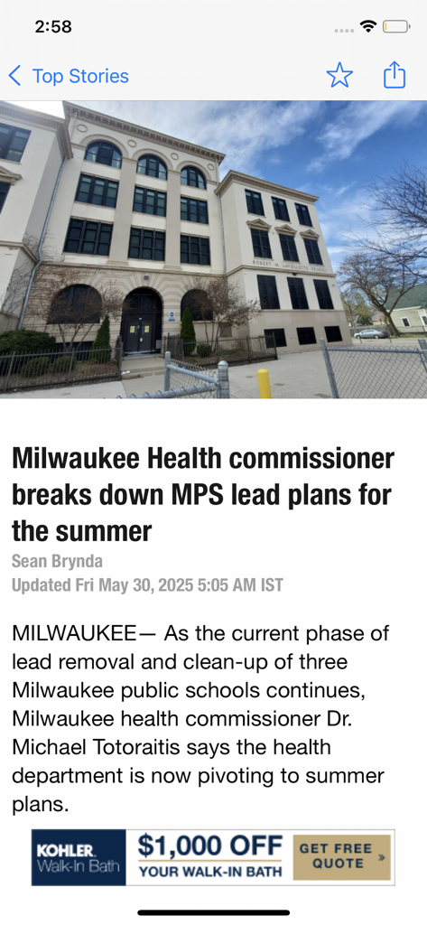 620 WTMJ Radio - Screenshot of a local news article about Milwaukee Public Schools lead plans on the 620 WTMJ Radio app interface.
