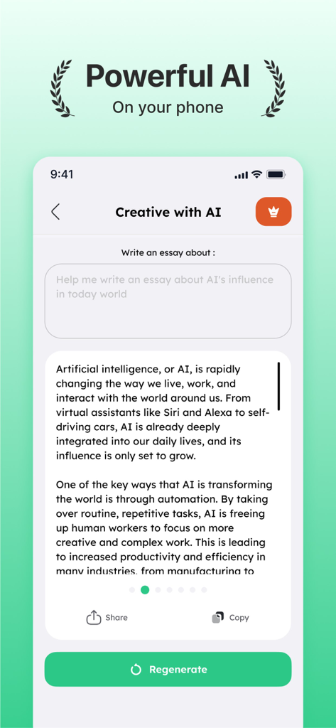 Interfaz de la aplicación Escritor IA mostrando un ensayo generado sobre la influencia de la IA
