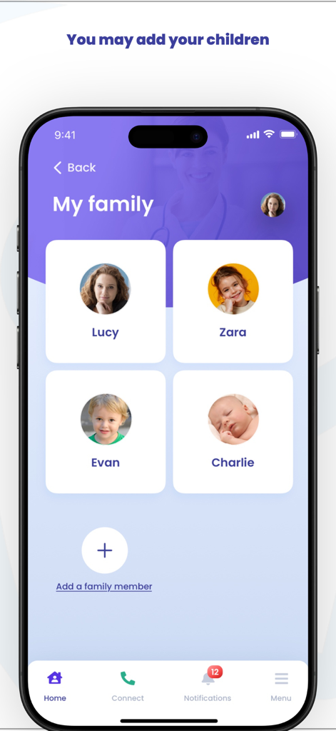 MEDDI app My Family interface displaying profiles for children and an option to add new family members