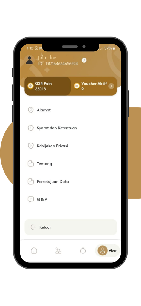Account profile screen of the Galeri 24 app displaying user loyalty points and settings menu options