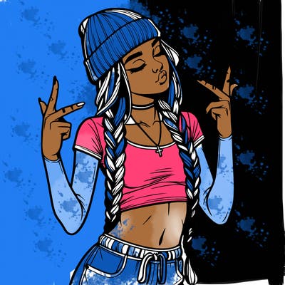 realistic teenage girl with braids and a beanie and crop top doing 🫶🏼