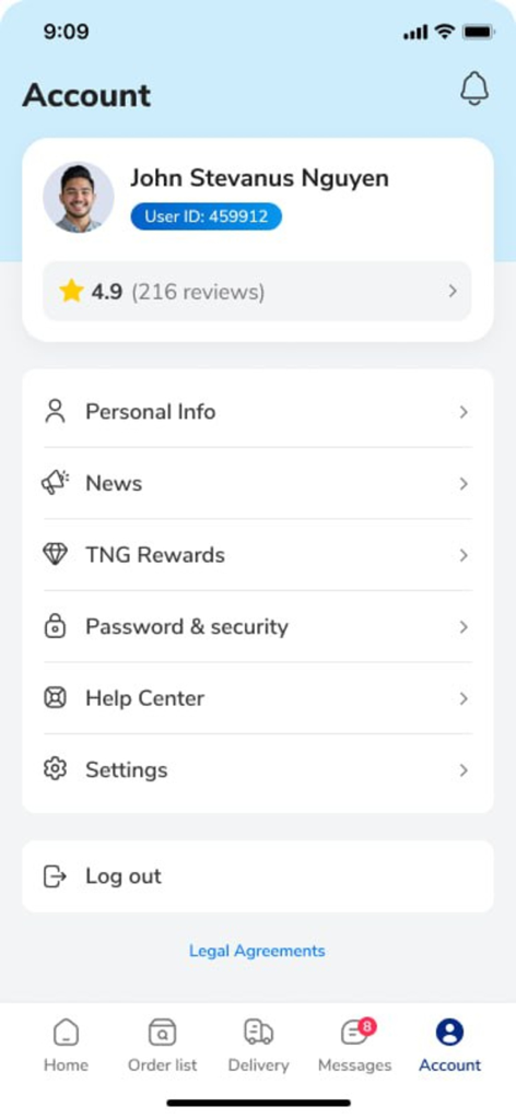 TNG Member - Das Konto-Profil-Bildschirm der TNG Mitglied App zeigt Benutzerinformationen und das Einstellungsmenü an.