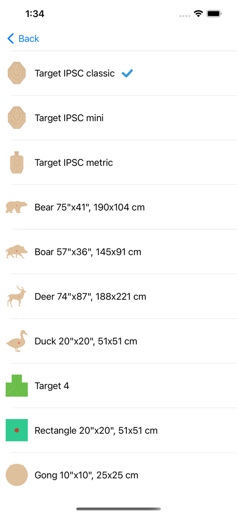 A list of selectable shooting targets including IPSC models and various animals like bear, boar, and deer.