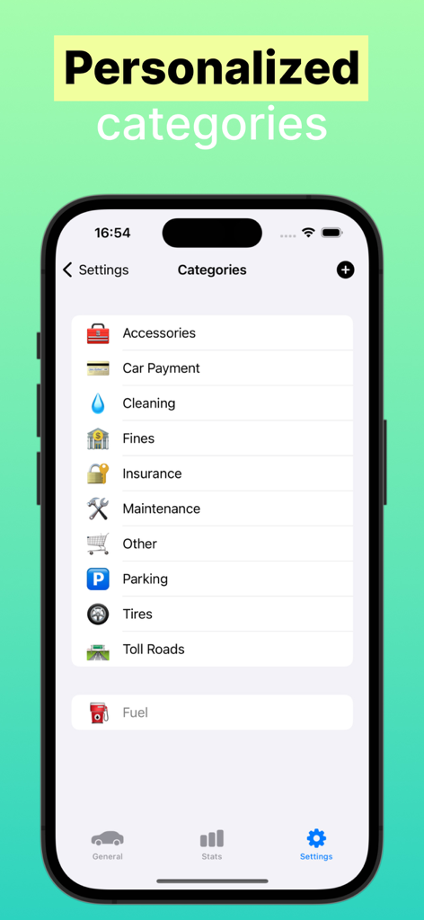 Car log & Gas mileage tracker - Interface showing personalized vehicle expense categories in the CarLog app