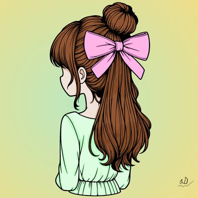 realistic girl  with hip length hair a bun and a big bow on the back of head