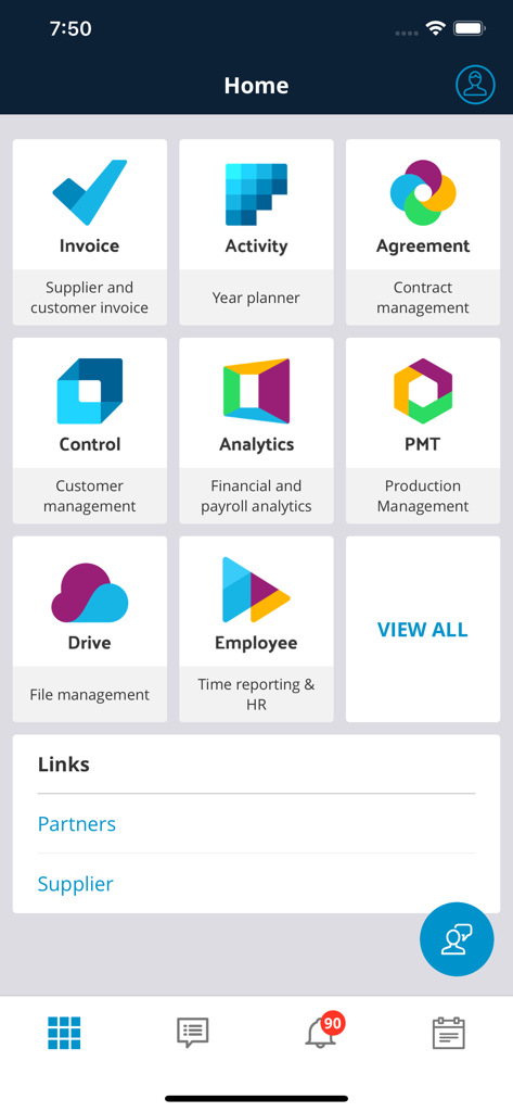 Azets Cozone app home screen showing business management modules like invoice activity and analytics