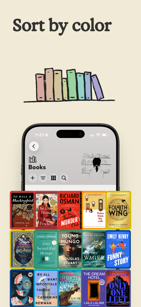 Margins: Book Tracker - Ein mobiler App-Bildschirm, der Buchcover zeigt, die in einer digitalen Bibliothek nach Farbe organisiert und sortiert sind.