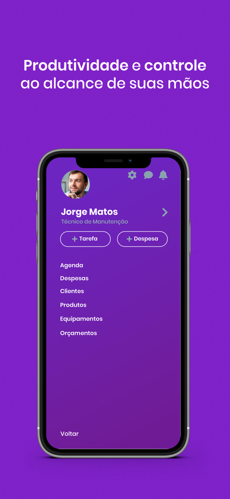 Auvo app interface showing a maintenance technician profile with buttons for tasks and expenses