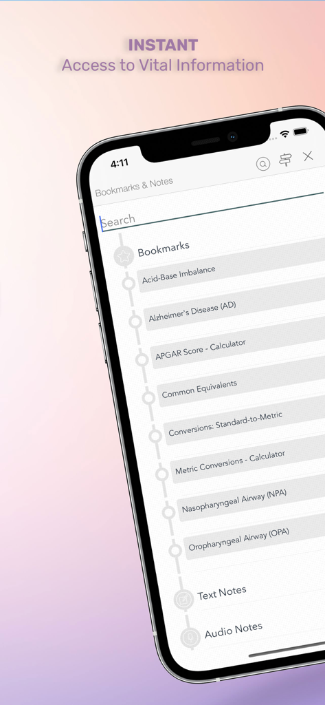RNotes nursing app interface showing the bookmarks and notes search menu.
