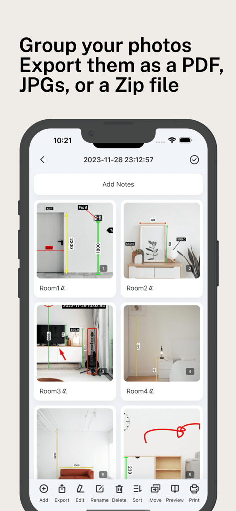 A mobile interface of the SizeSnap app showing a folder of interior photos with measurement markups and options to export as PDF or JPG.
