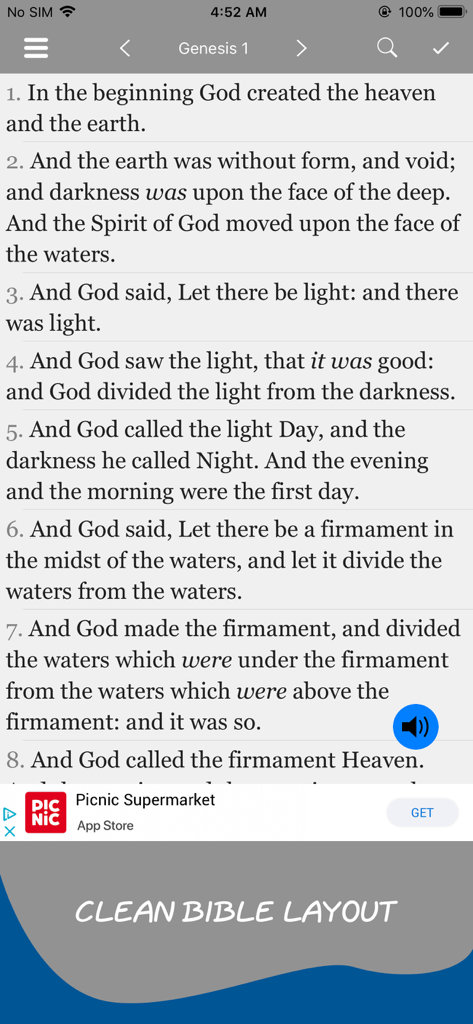 Torrey's Topical Bible Offline - Interface épurée de la Bible King James montrant un passage de Genèse 1