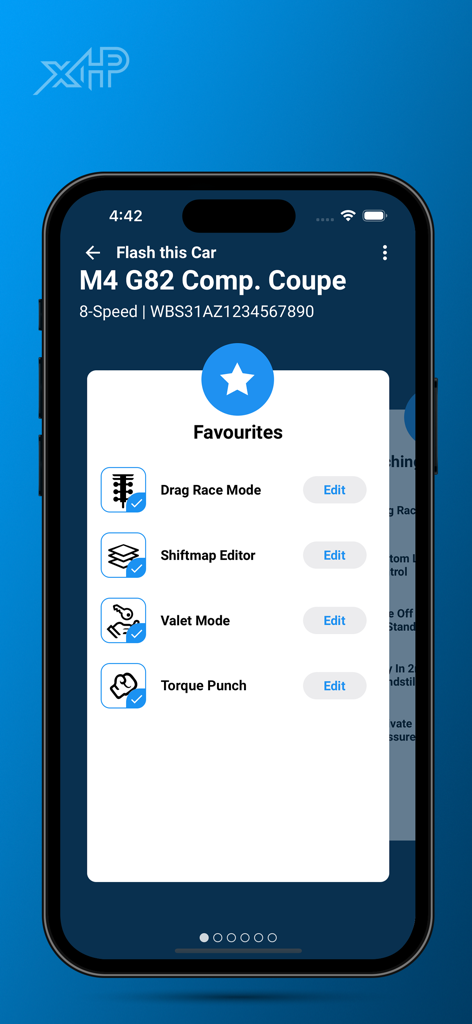 Favorites menu in xHP Flashtool app for BMW M4 transmission tuning including Drag Race Mode and Shiftmap Editor