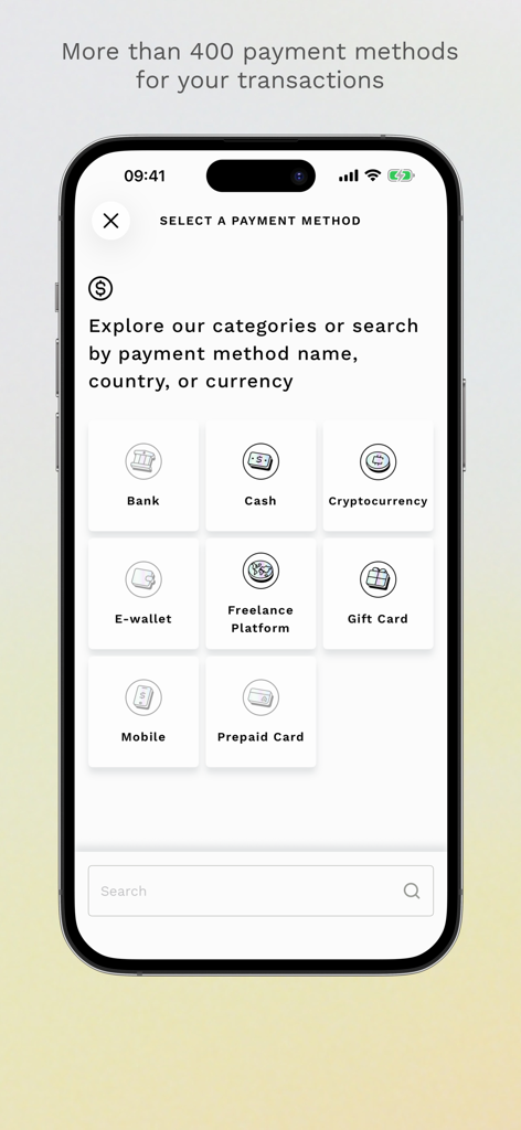Interface de l'application Airtm montrant une grille de catégories de méthodes de paiement comprenant Banque, Espèces, Cryptomonnaie, Portefeuille électronique, Plateforme Freelance et Carte cadeau.