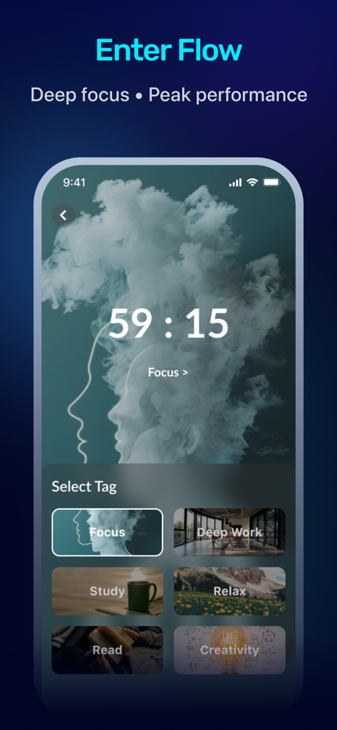 딥 워크 및 창의성과 같은 집중력 카테고리와 함께 카운트다운 타이머를 표시하는 FocusBrain 앱 인터페이스