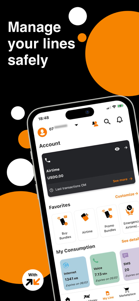 Panel de la aplicación Orange Max it Liberia mostrando saldo de tiempo aire y seguimiento de consumo de datos, voz y SMS.