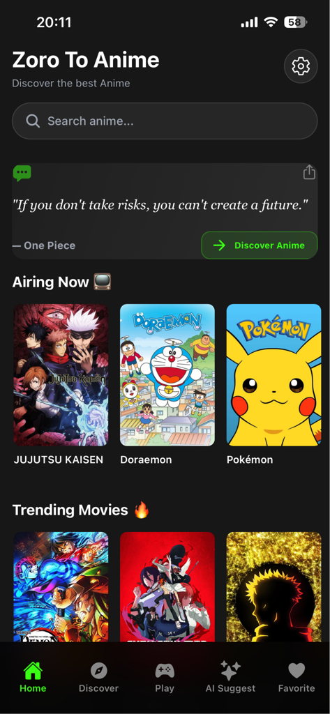 Zorox : Anime Movies & Quizzes - Home screen of the Zorox Anime app featuring a search bar, an inspirational One Piece quote, and sections for airing now and trending anime.