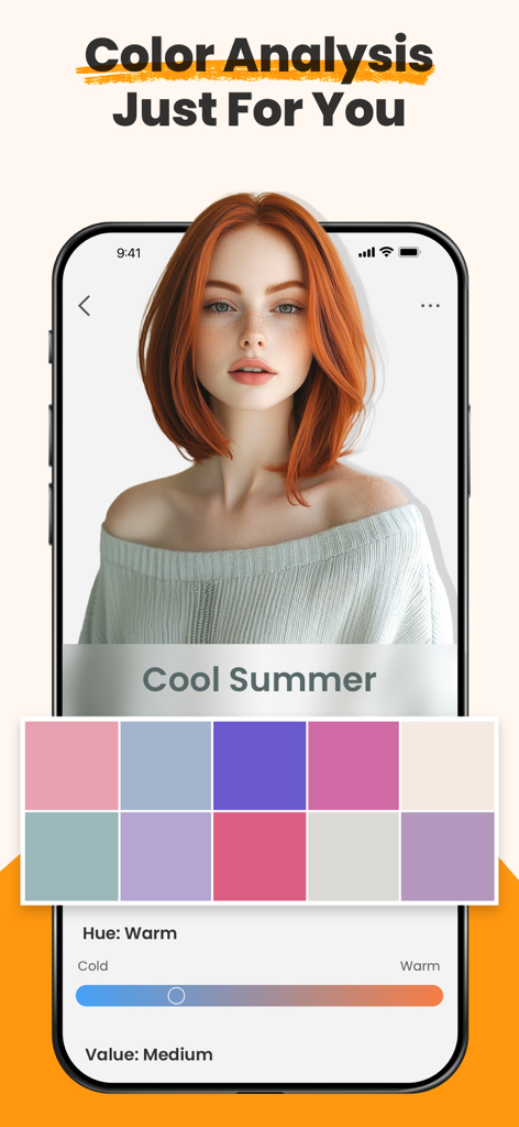 DLOOK app screen showing AI color analysis feature with a Cool Summer palette for a red haired woman.