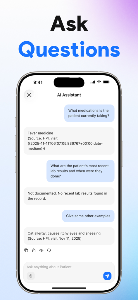 A smartphone showing the AI Medical Scribe app chat interface where a clinician asks questions about patient medications and allergies.