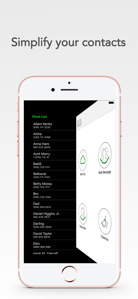 My Contacts Editor + - Iphone screen showing My Contacts Editor Plus app interface with contact list and management tools like backup and bulk messaging