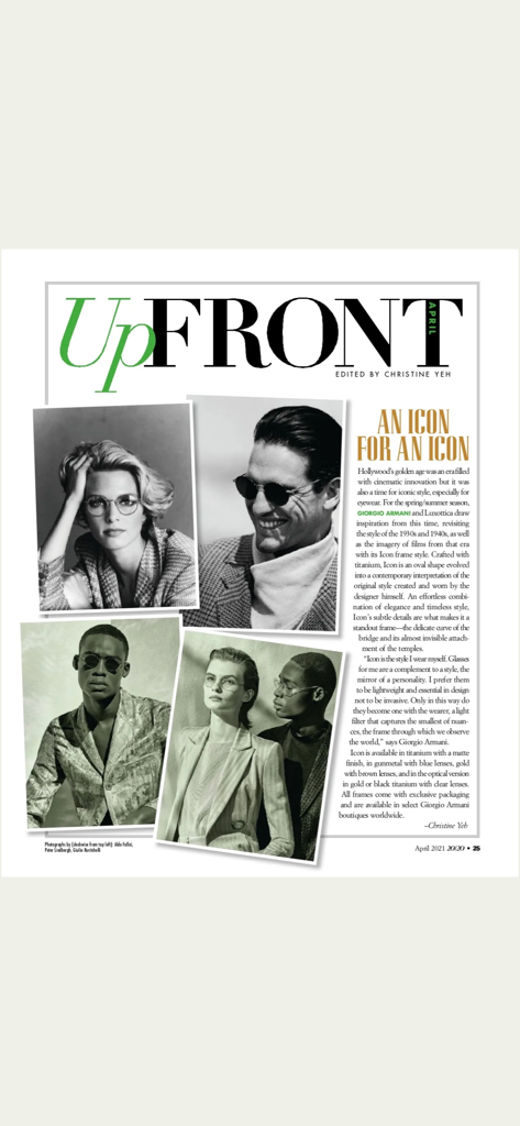 20 20 Magazine - A digital page from 20/20 Magazine titled UpFront featuring Giorgio Armani Icon eyewear and high-fashion photography.
